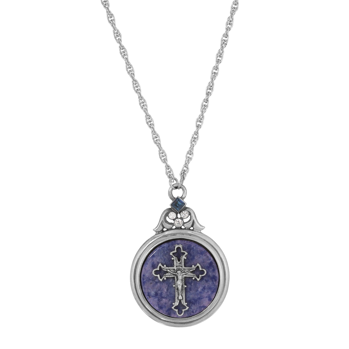 Symbols Of Faith Blue Sodalite Gemstone Crucifix Crystal Pendant Necklace 28"